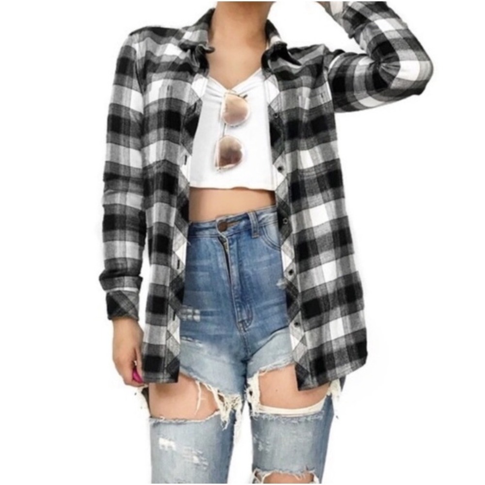Athleta Lumberjill Button Down Shirt Black White Plaid Longline Cotton Blend Sm